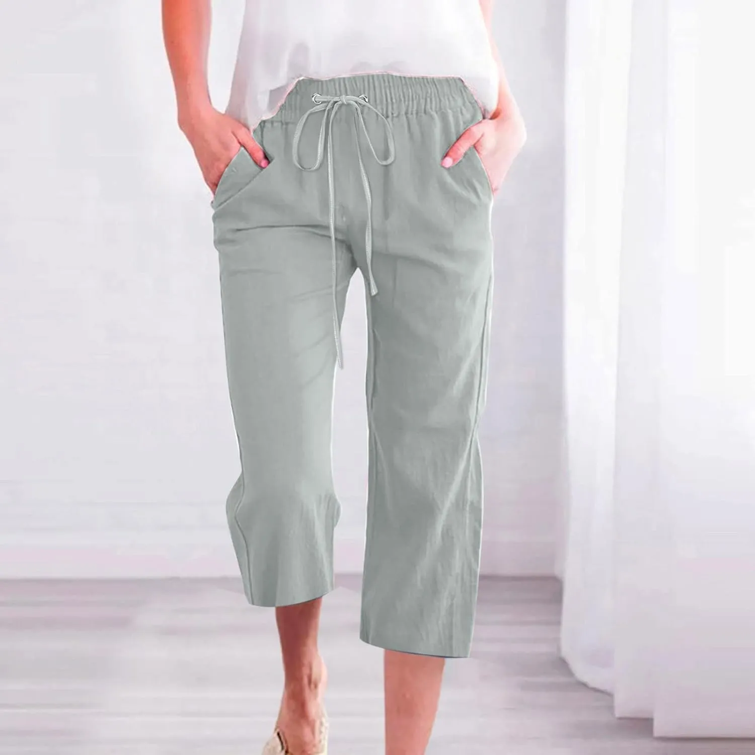 Womens Cotton Linen Summer Letter Patched Palazzo Pants Elastic Waisted Stretchy Straight Slim-Fit Pants Vacation