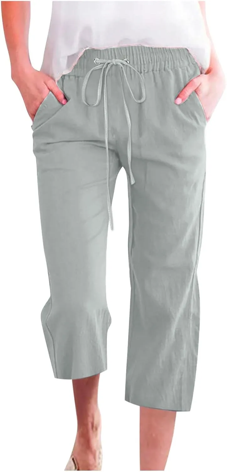 Womens Cotton Linen Summer Letter Patched Palazzo Pants Elastic Waisted Stretchy Straight Slim-Fit Pants Vacation