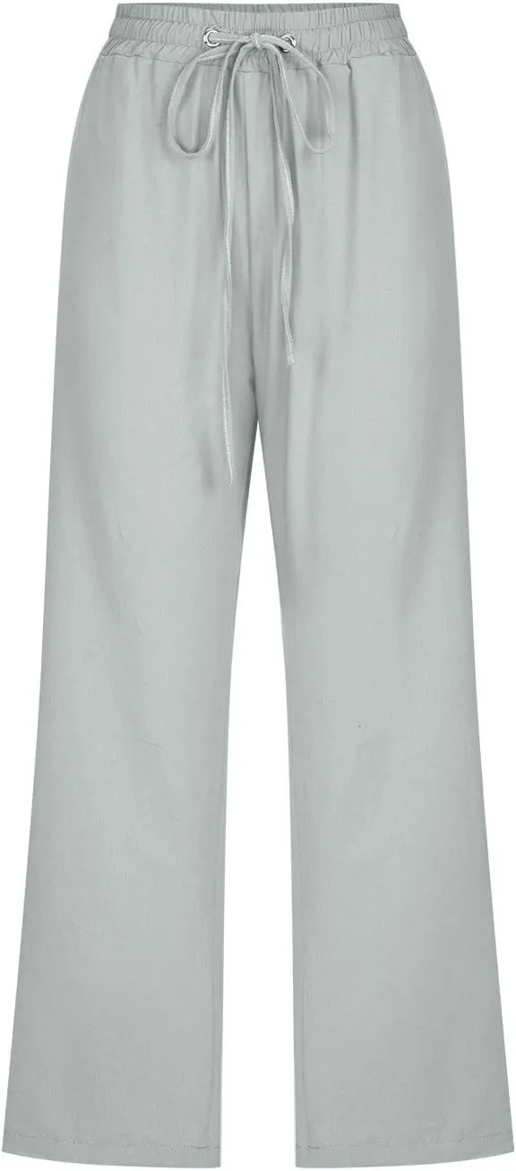 Womens Cotton Linen Summer Letter Patched Palazzo Pants Elastic Waisted Stretchy Straight Slim-Fit Pants Vacation