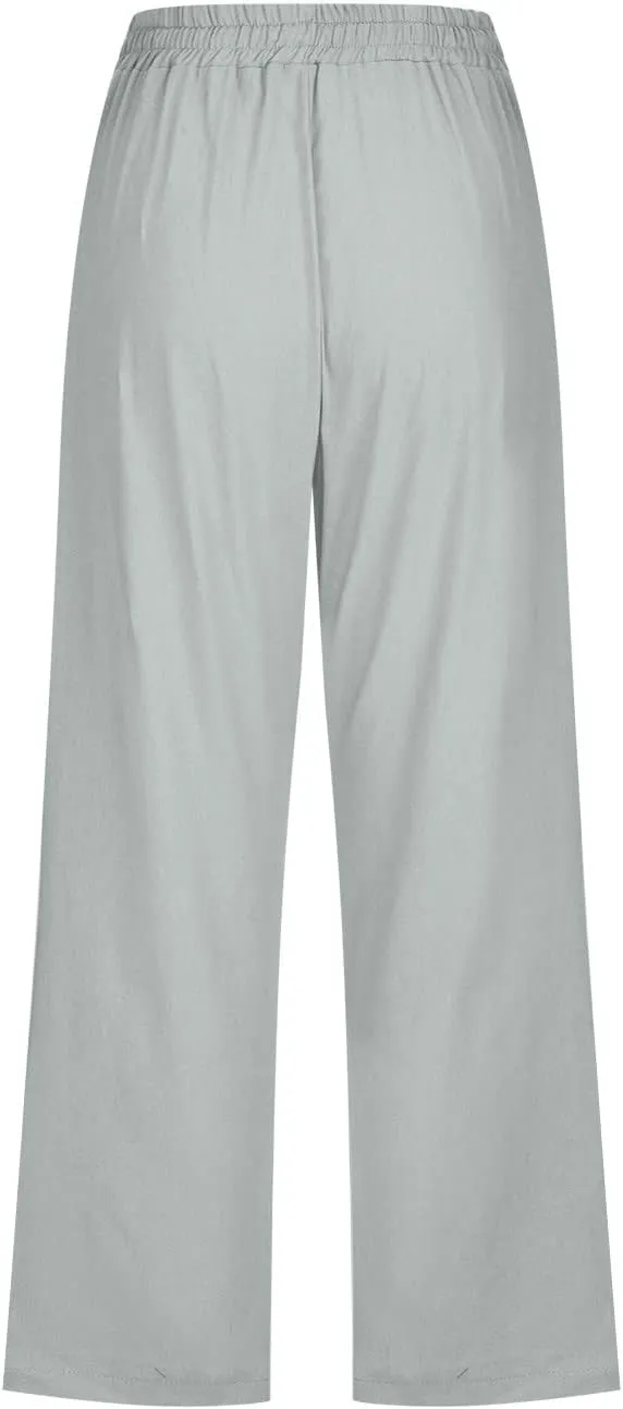Womens Cotton Linen Summer Letter Patched Palazzo Pants Elastic Waisted Stretchy Straight Slim-Fit Pants Vacation