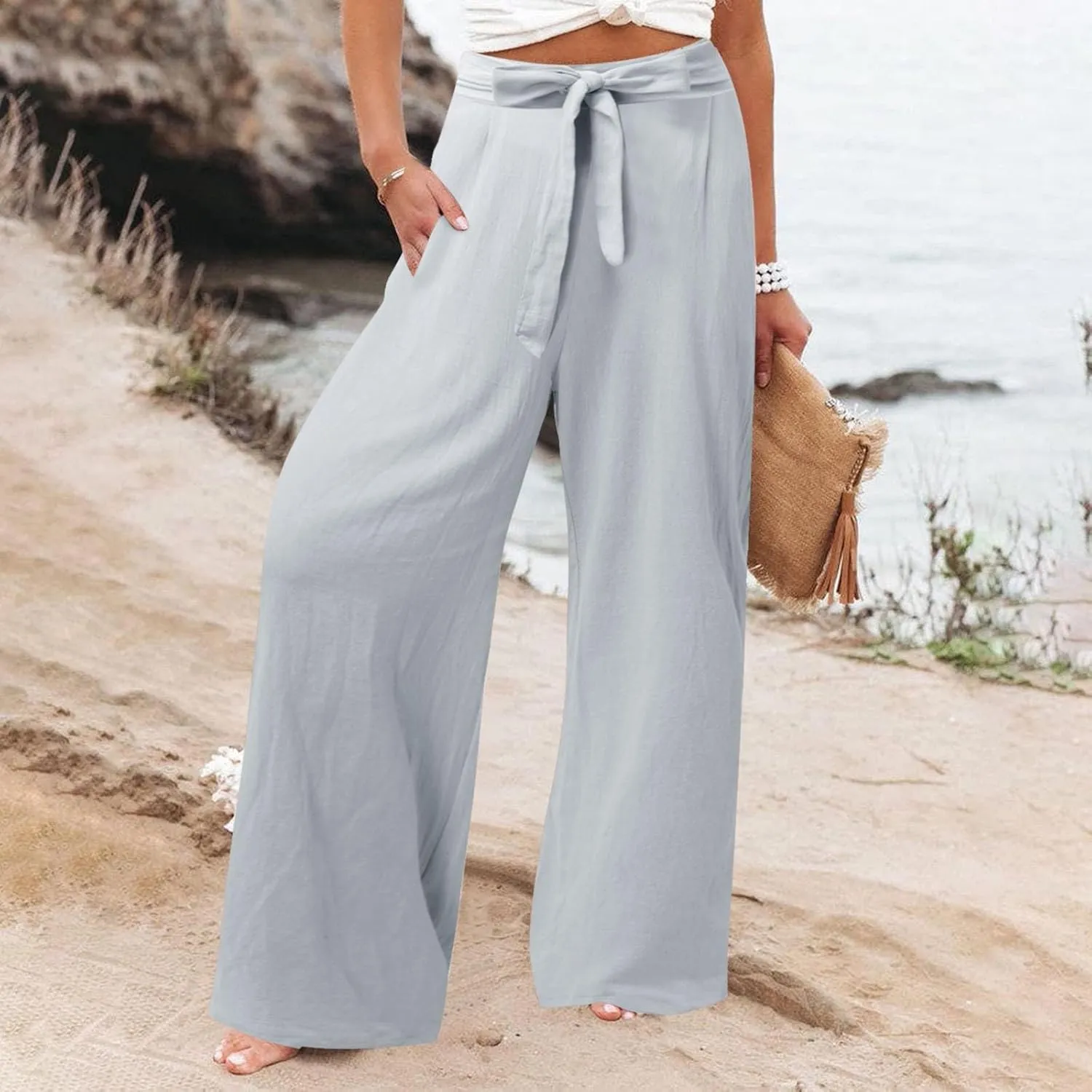 Womens Cotton Linen Summer Pull On Palazzo Pants Elastic Waist Ankle Length Slim-Fit Pant Trousers Vacation
