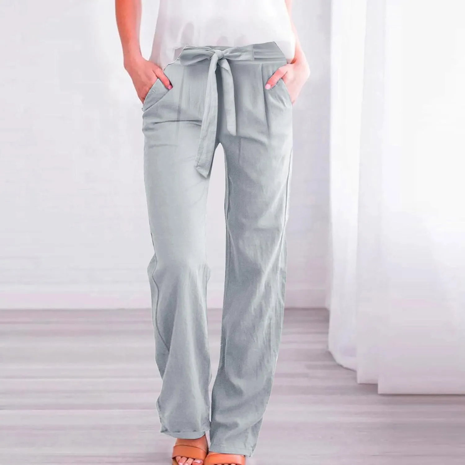 Womens Cotton Linen Summer Pull On Palazzo Pants Elastic Waist Ankle Length Slim-Fit Pant Trousers Vacation