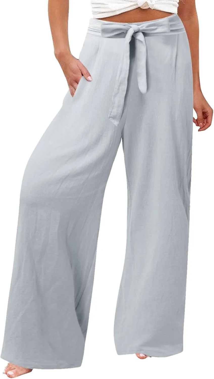Womens Cotton Linen Summer Pull On Palazzo Pants Elastic Waist Ankle Length Slim-Fit Pant Trousers Vacation