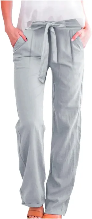 Womens Cotton Linen Summer Pull On Palazzo Pants Elastic Waist Ankle Length Slim-Fit Pant Trousers Vacation