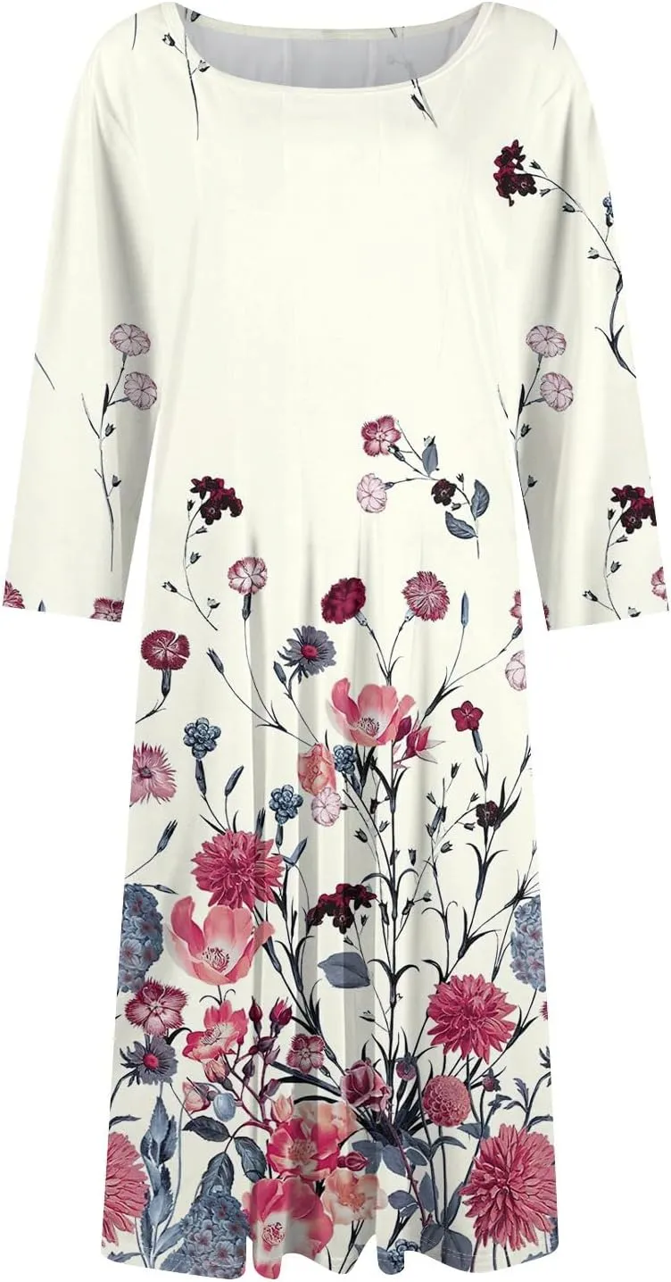 Womens Dress Shirts Spring Midi Empire Waist Dress 3/4 Sleeve Pleated Dress Crew Neck Dresses A Line Dress with Pocket