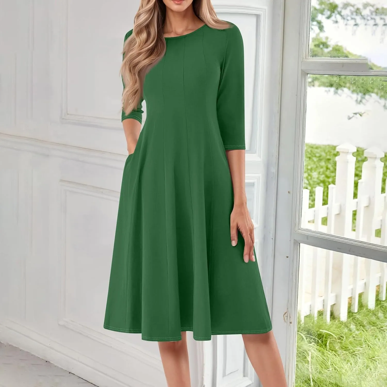Womens Dress Shirts Spring Midi Empire Waist Dress 3/4 Sleeve Pleated Dress Crew Neck Dresses A Line Dress with Pocket