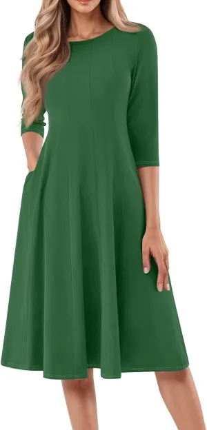 Womens Dress Shirts Spring Midi Empire Waist Dress 3/4 Sleeve Pleated Dress Crew Neck Dresses A Line Dress with Pocket