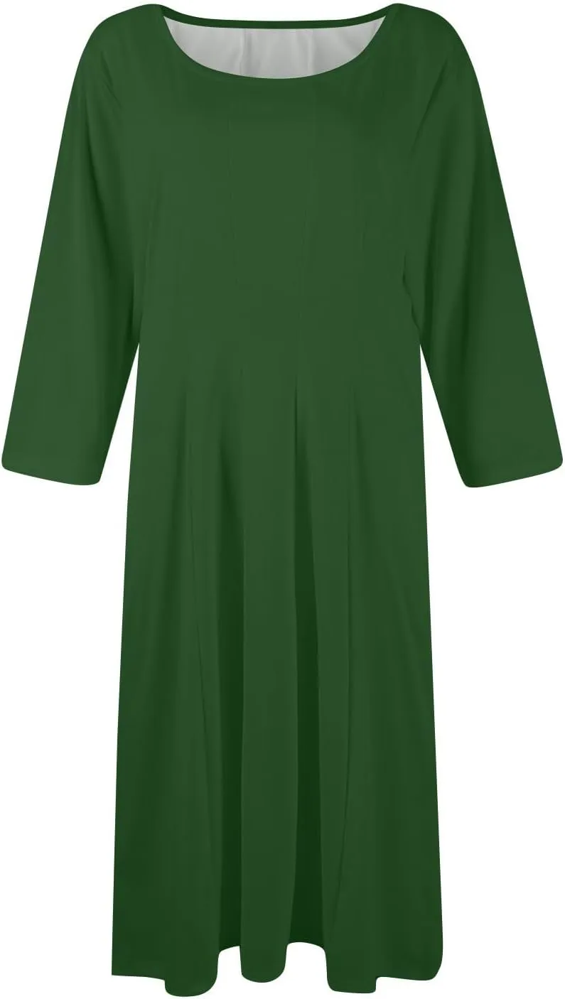 Womens Dress Shirts Spring Midi Empire Waist Dress 3/4 Sleeve Pleated Dress Crew Neck Dresses A Line Dress with Pocket