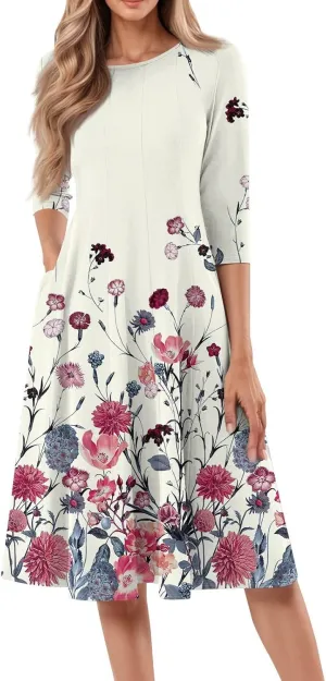 Womens Dress Shirts Spring Midi Empire Waist Dress 3/4 Sleeve Pleated Dress Crew Neck Dresses A Line Dress with Pocket