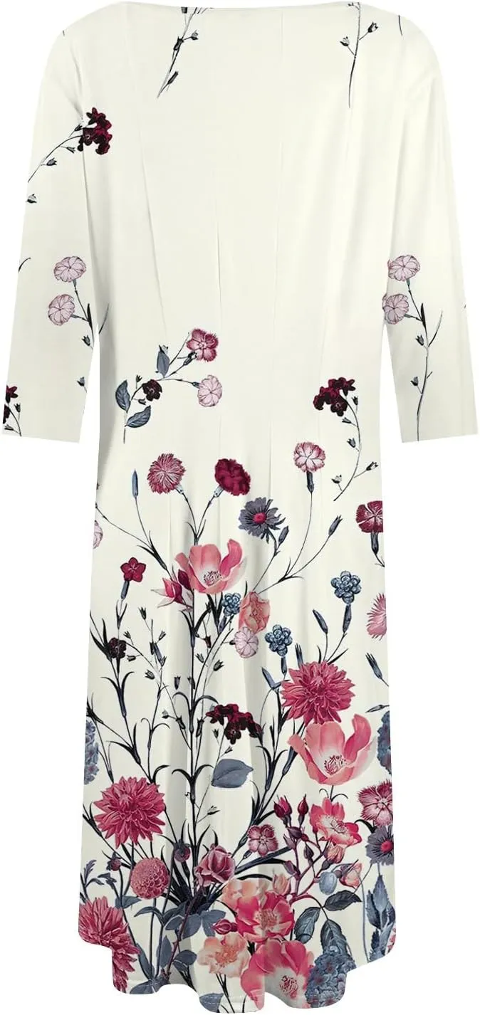 Womens Dress Shirts Spring Midi Empire Waist Dress 3/4 Sleeve Pleated Dress Crew Neck Dresses A Line Dress with Pocket
