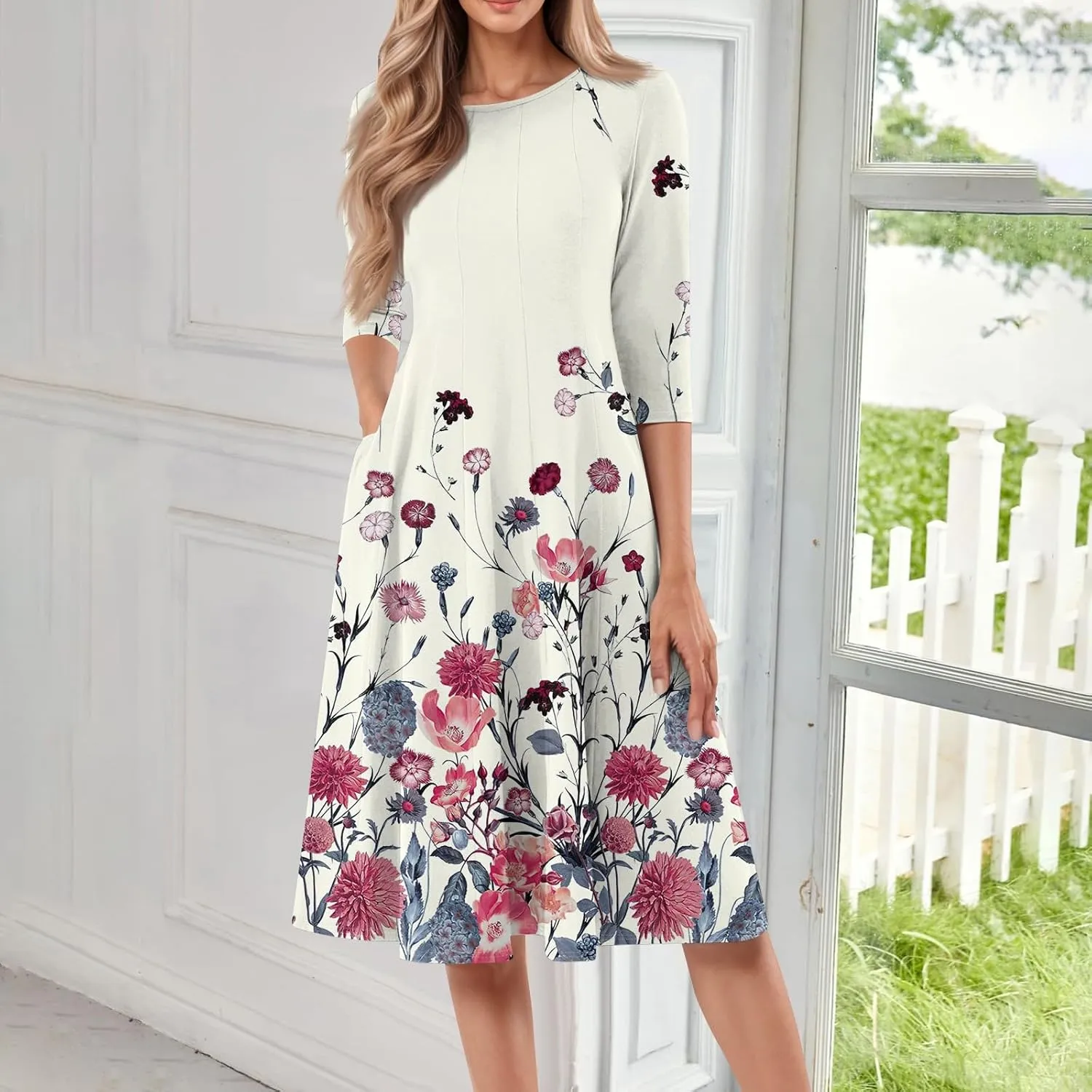 Womens Dress Shirts Spring Midi Empire Waist Dress 3/4 Sleeve Pleated Dress Crew Neck Dresses A Line Dress with Pocket