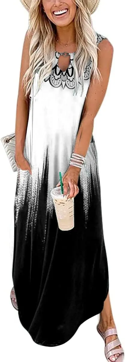 Womens Dresses Sleeveless Casual Loose Long Maxi Summer Beach Cover Ups Sun Boho Dress Split with Pockets