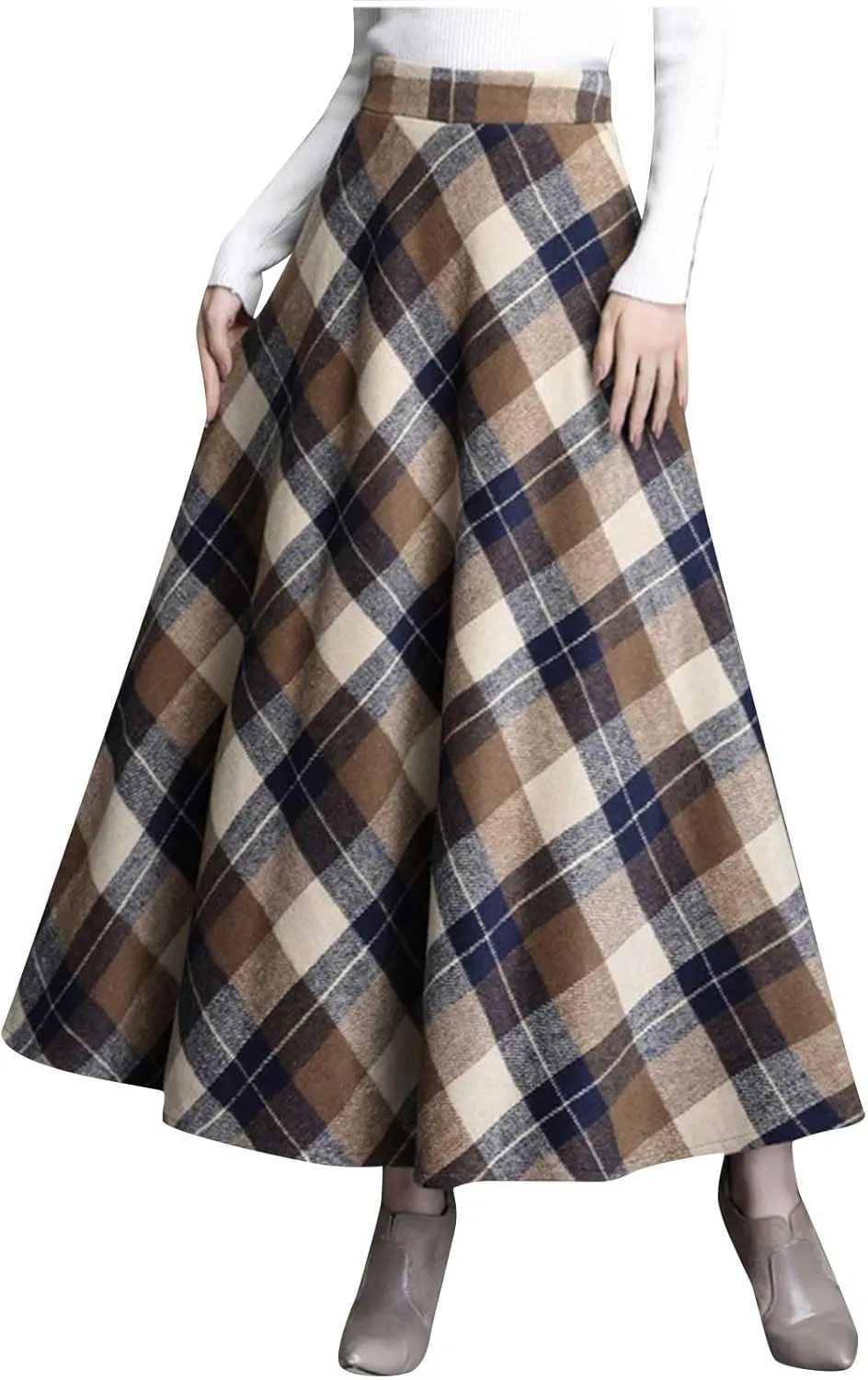 Womens Fall Winter High Waist A-Line Pleated Wool Midi Length Skirt A-Line Plaid Vintage Dressy Elegant Maxi Skirts