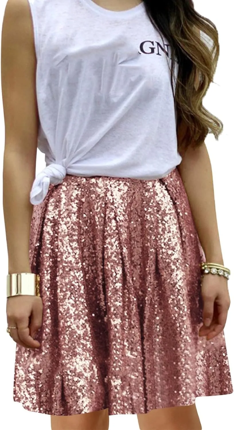 Women's Fashion High Waist Pleated Solid Color Short Skirt Loose Sequin Skirt Skirts for Women Knee Length with