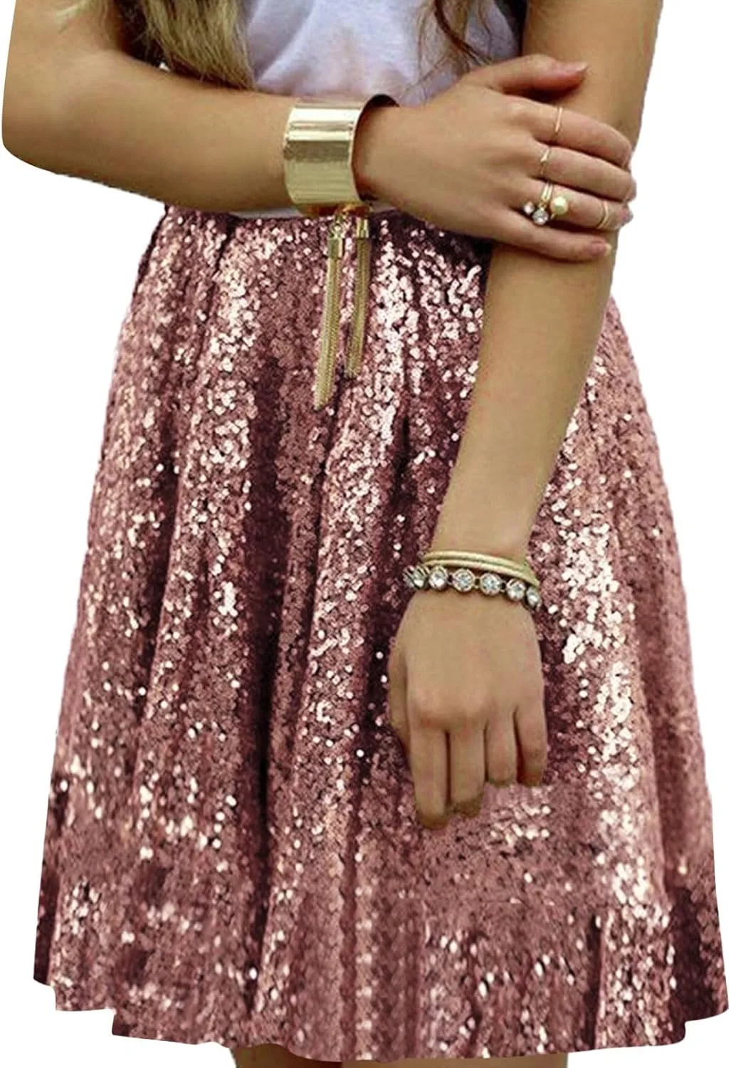 Women's Fashion High Waist Pleated Solid Color Short Skirt Loose Sequin Skirt Skirts for Women Knee Length with