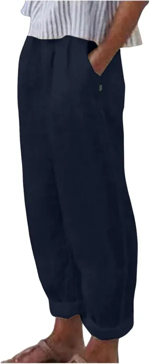 Women's Fashion Loose Linen Pants Elastic Waist Solid Color Cotton Pants Summer Casual Lounge Beach Trousers Pockets