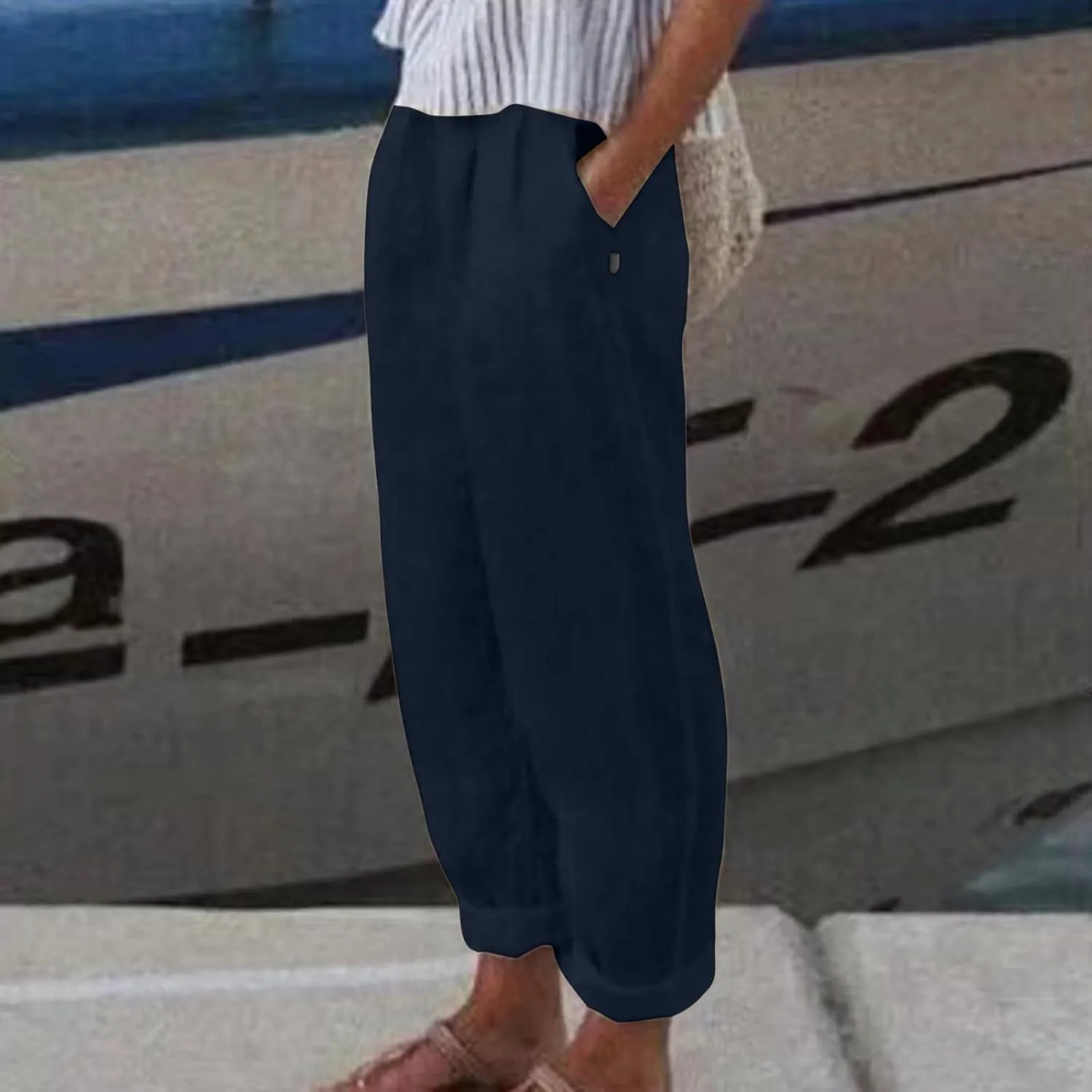 Women's Fashion Loose Linen Pants Elastic Waist Solid Color Cotton Pants Summer Casual Lounge Beach Trousers Pockets