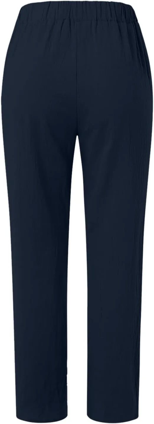 Women's Fashion Loose Linen Pants Elastic Waist Solid Color Cotton Pants Summer Casual Lounge Beach Trousers Pockets