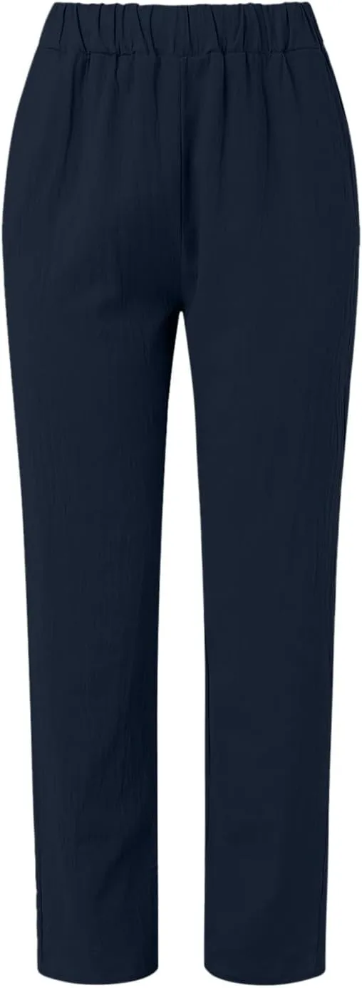 Women's Fashion Loose Linen Pants Elastic Waist Solid Color Cotton Pants Summer Casual Lounge Beach Trousers Pockets