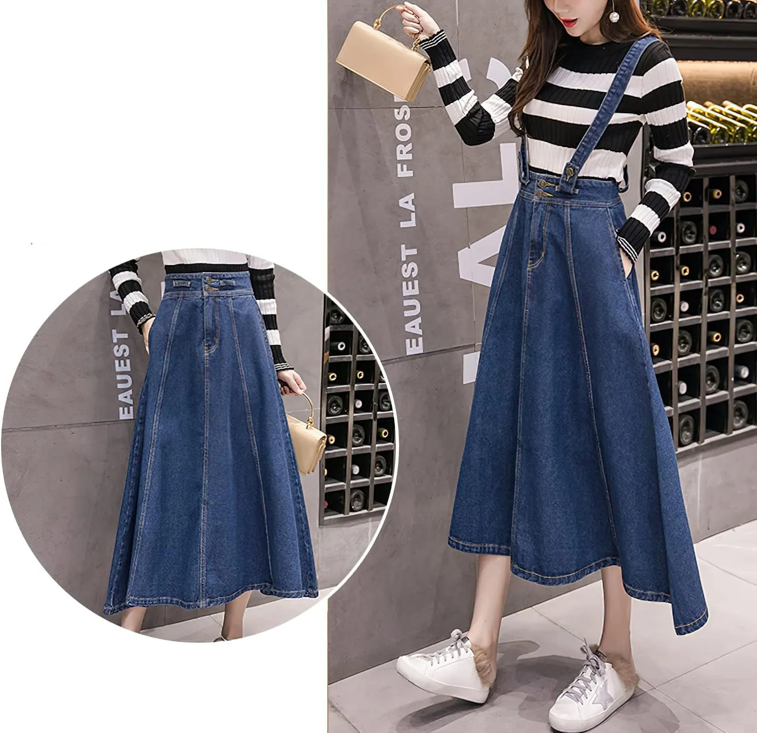 Women's Flare A Line Denim Skirts High Waisted Long Swing Skirt Flowy Pleated Midi Jean Skirt with Pockets