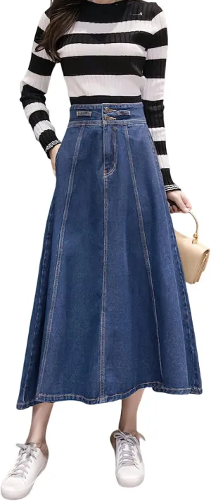 Women's Flare A Line Denim Skirts High Waisted Long Swing Skirt Flowy Pleated Midi Jean Skirt with Pockets