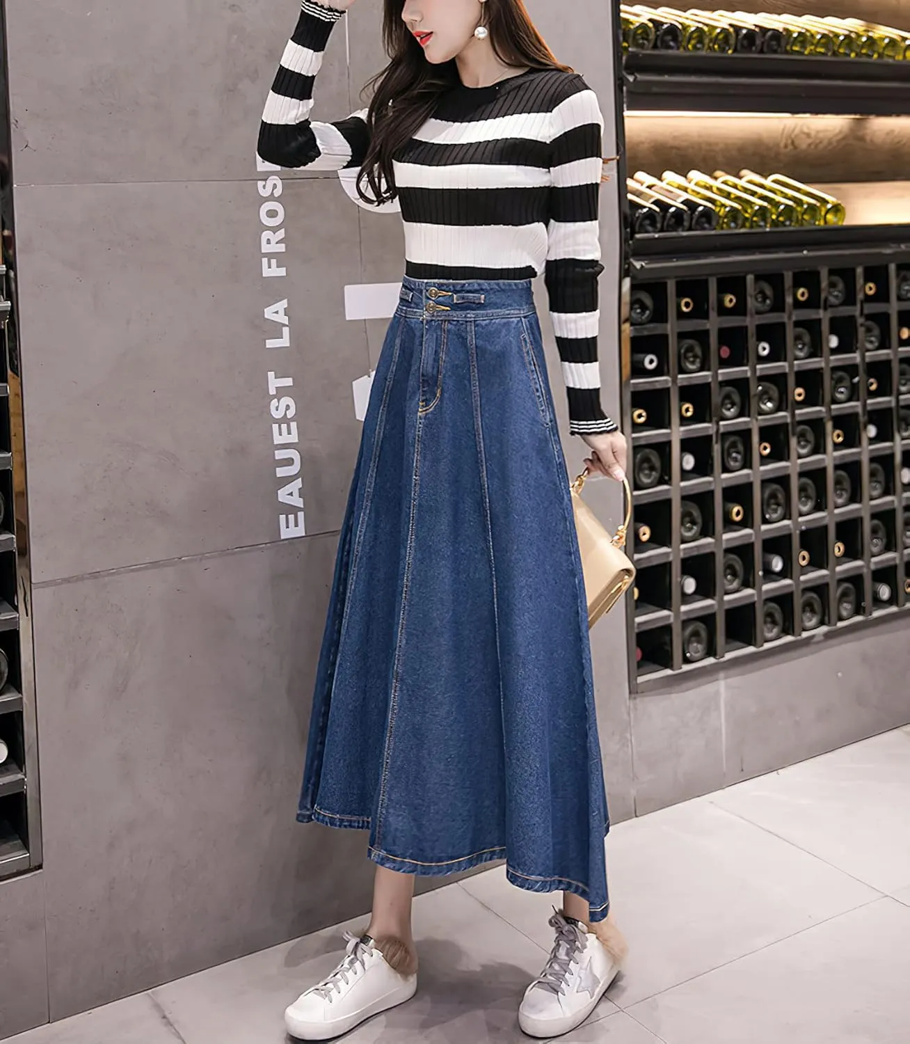 Women's Flare A Line Denim Skirts High Waisted Long Swing Skirt Flowy Pleated Midi Jean Skirt with Pockets