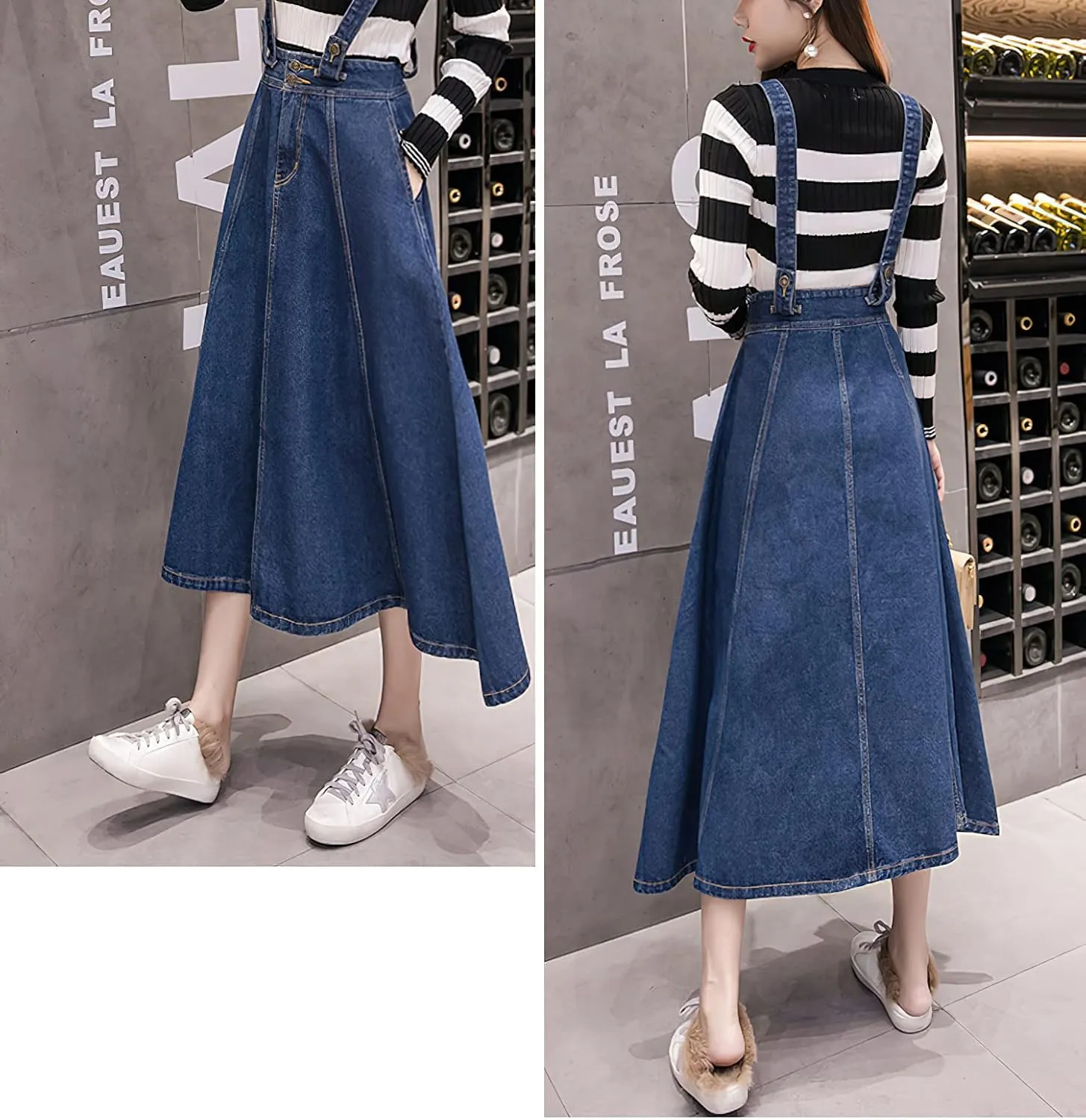 Women's Flare A Line Denim Skirts High Waisted Long Swing Skirt Flowy Pleated Midi Jean Skirt with Pockets