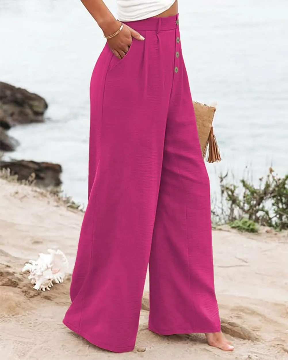 Womens High Waisted Wide Leg Palazzo Pants Casual Lounge Boho Flowy Pants with Pockets