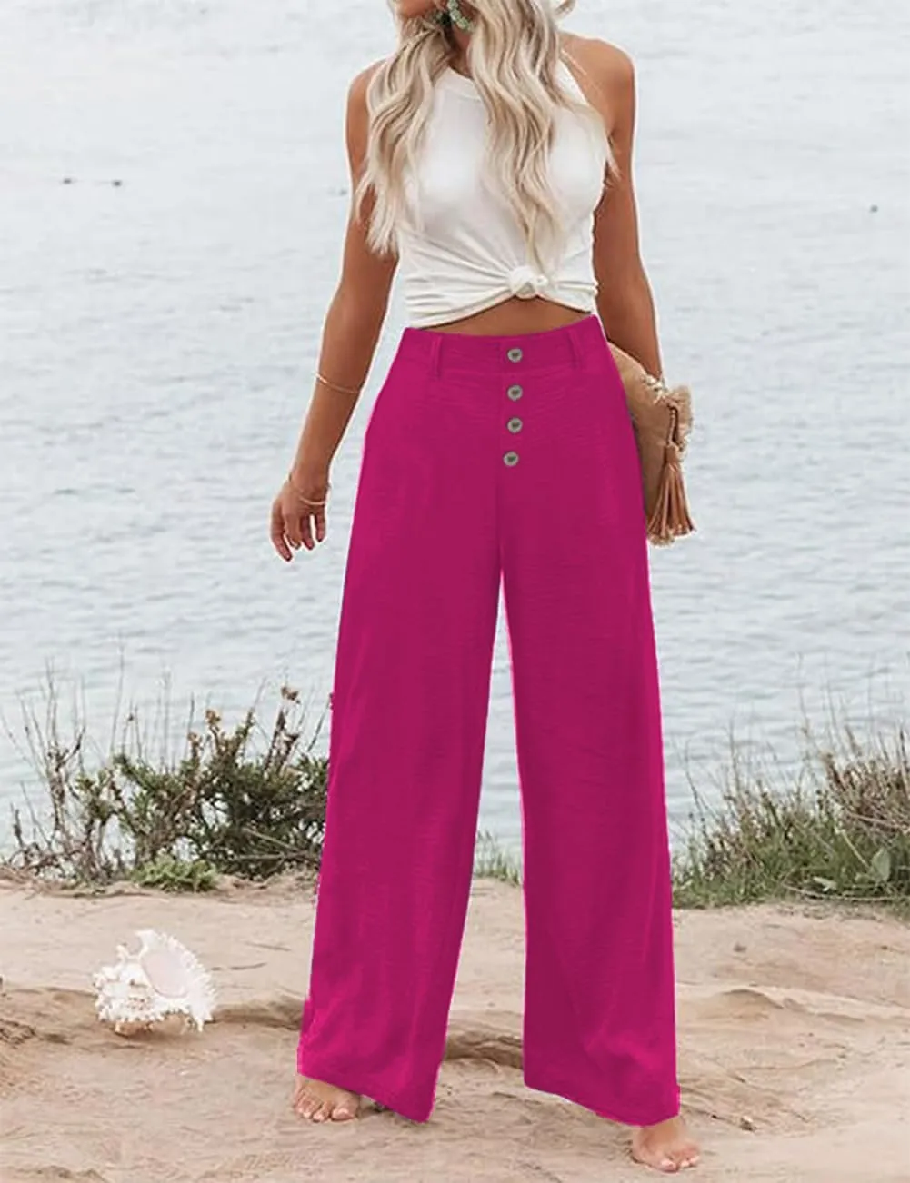 Womens High Waisted Wide Leg Palazzo Pants Casual Lounge Boho Flowy Pants with Pockets