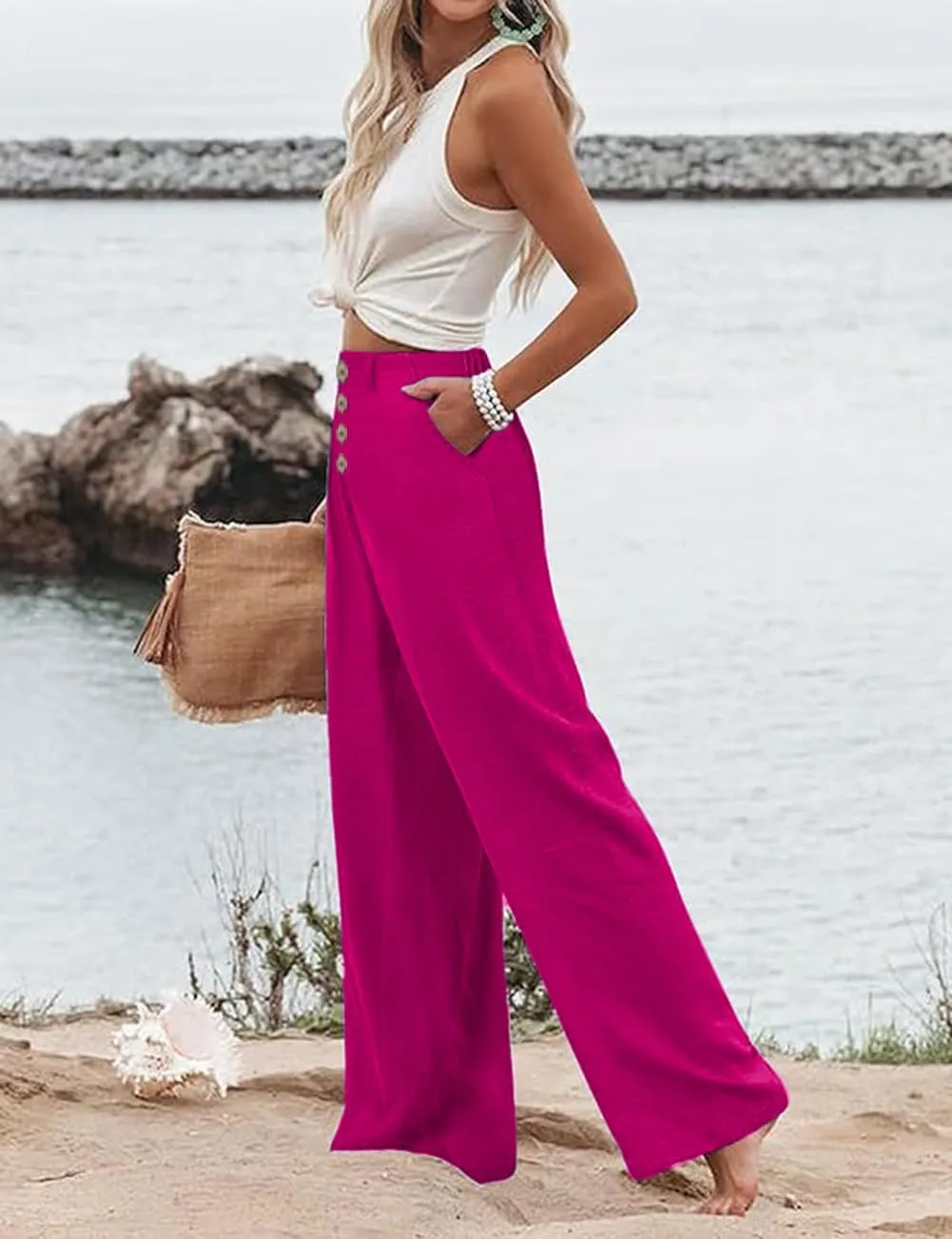 Womens High Waisted Wide Leg Palazzo Pants Casual Lounge Boho Flowy Pants with Pockets