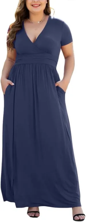 Women's L-5XL Short Sleeve V-Neck Plus Size Maxi Dresses with Pockets