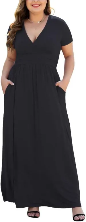 Women's L-5XL Short Sleeve V-Neck Plus Size Maxi Dresses with Pockets