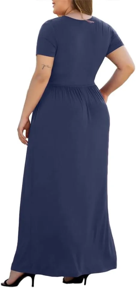 Women's L-5XL Short Sleeve V-Neck Plus Size Maxi Dresses with Pockets