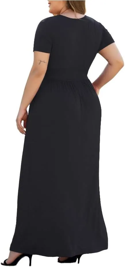 Women's L-5XL Short Sleeve V-Neck Plus Size Maxi Dresses with Pockets