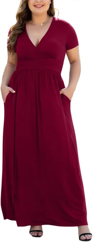 Women's L-5XL Short Sleeve V-Neck Plus Size Maxi Dresses with Pockets