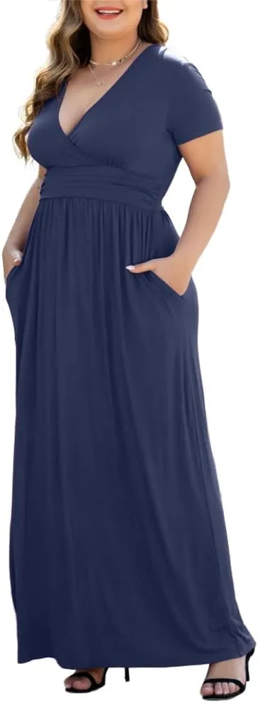 Women's L-5XL Short Sleeve V-Neck Plus Size Maxi Dresses with Pockets