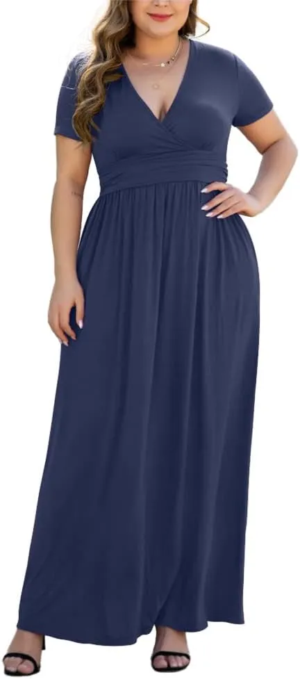 Women's L-5XL Short Sleeve V-Neck Plus Size Maxi Dresses with Pockets