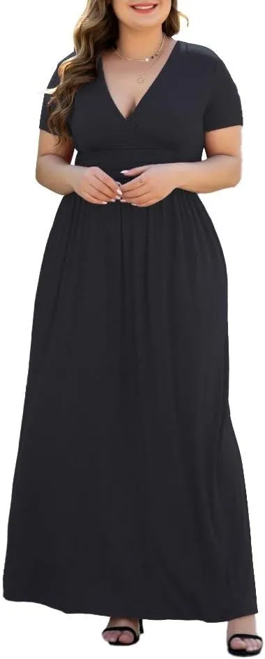 Women's L-5XL Short Sleeve V-Neck Plus Size Maxi Dresses with Pockets