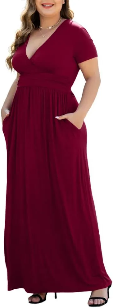 Women's L-5XL Short Sleeve V-Neck Plus Size Maxi Dresses with Pockets