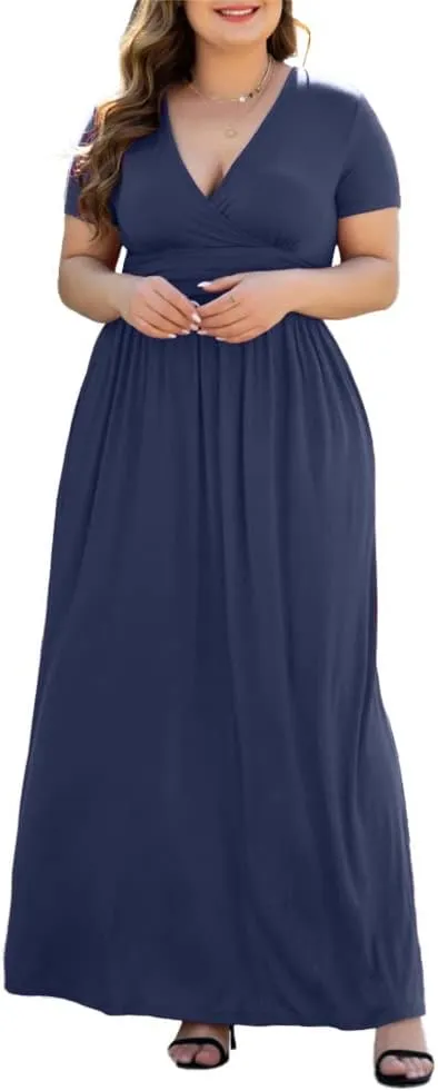 Women's L-5XL Short Sleeve V-Neck Plus Size Maxi Dresses with Pockets