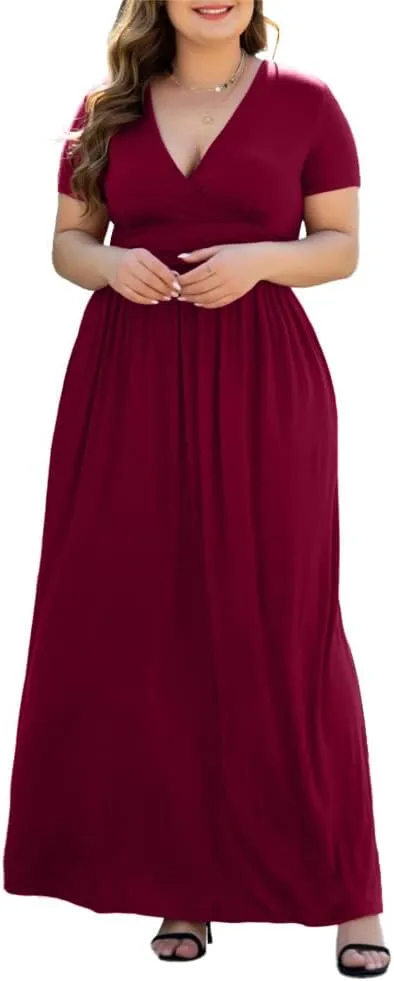 Women's L-5XL Short Sleeve V-Neck Plus Size Maxi Dresses with Pockets