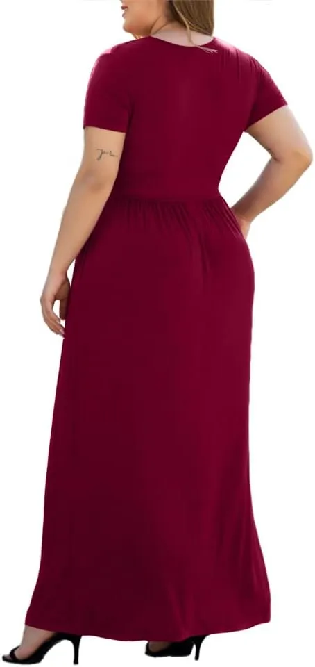 Women's L-5XL Short Sleeve V-Neck Plus Size Maxi Dresses with Pockets