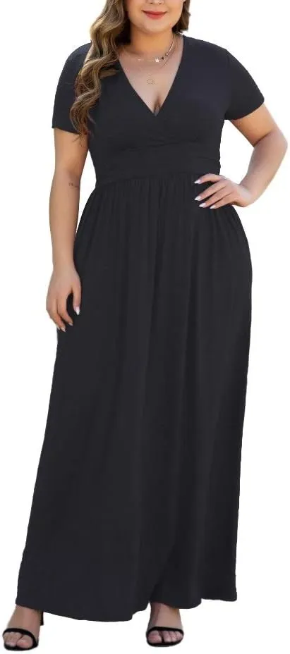 Women's L-5XL Short Sleeve V-Neck Plus Size Maxi Dresses with Pockets