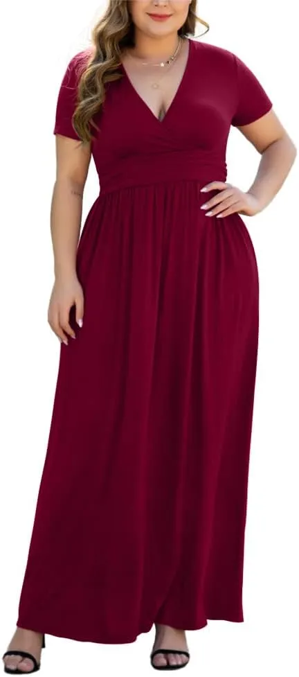 Women's L-5XL Short Sleeve V-Neck Plus Size Maxi Dresses with Pockets