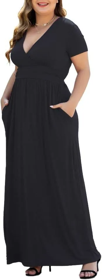 Women's L-5XL Short Sleeve V-Neck Plus Size Maxi Dresses with Pockets