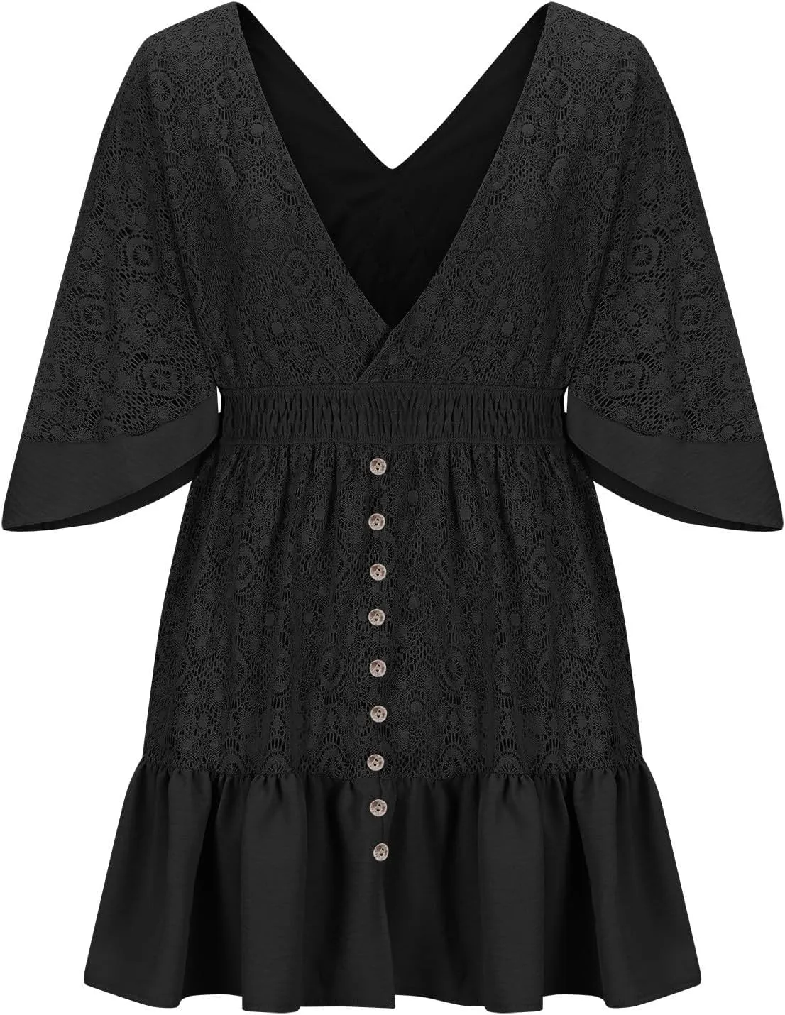 Women's Lace Crochet Dress Summer Retro V Neck Batwing Sleeve Mini Dresses Casual Sexy Wrap Boho Beach Sundress