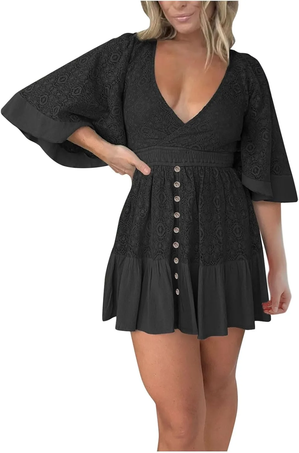 Women's Lace Crochet Dress Summer Retro V Neck Batwing Sleeve Mini Dresses Casual Sexy Wrap Boho Beach Sundress