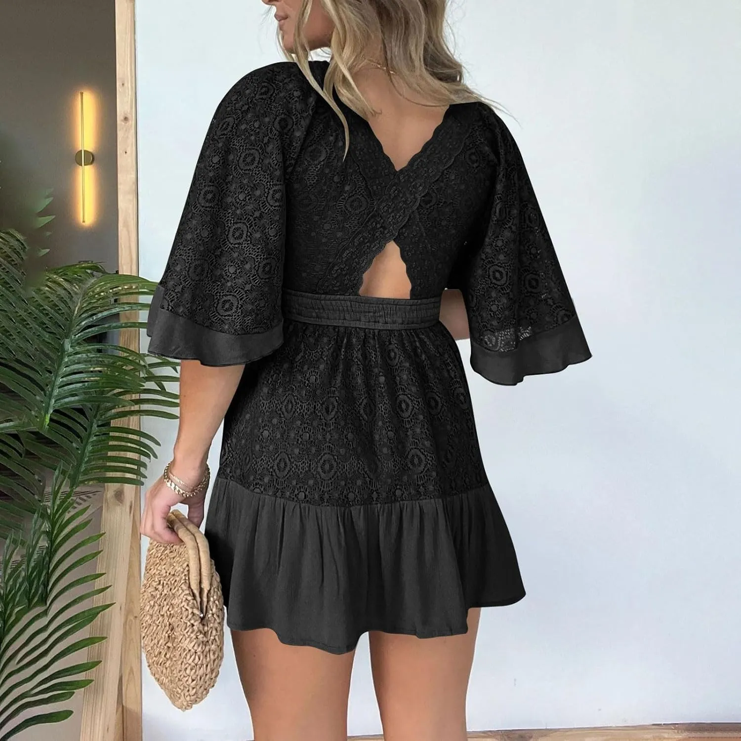Women's Lace Crochet Dress Summer Retro V Neck Batwing Sleeve Mini Dresses Casual Sexy Wrap Boho Beach Sundress