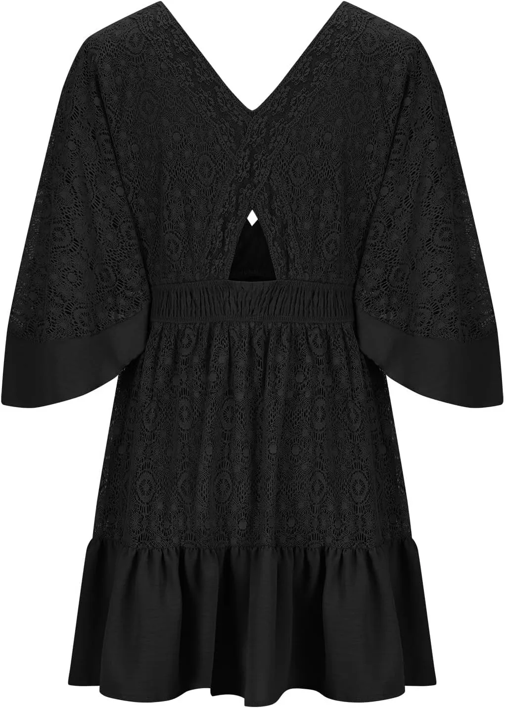 Women's Lace Crochet Dress Summer Retro V Neck Batwing Sleeve Mini Dresses Casual Sexy Wrap Boho Beach Sundress