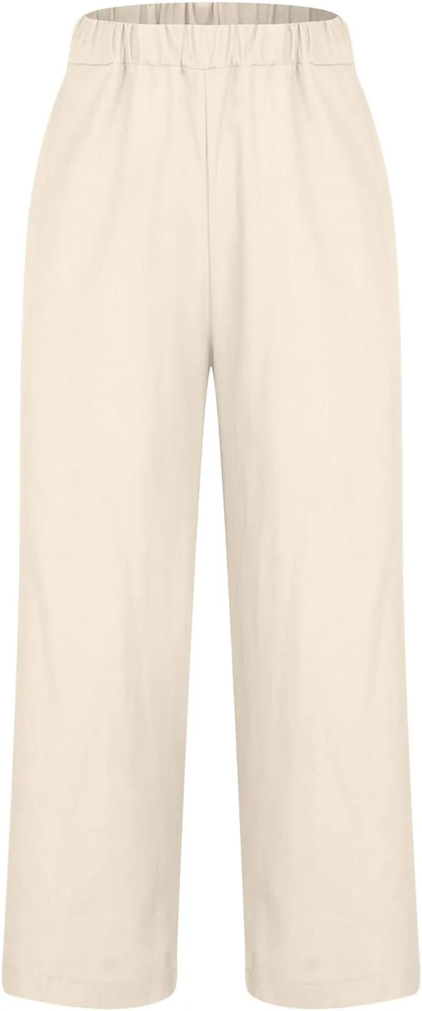 Women's Lightweight Summer Linen Pants Solid Elastic Waist Cotton Straight Pants Casual Lounge Beach Trousers